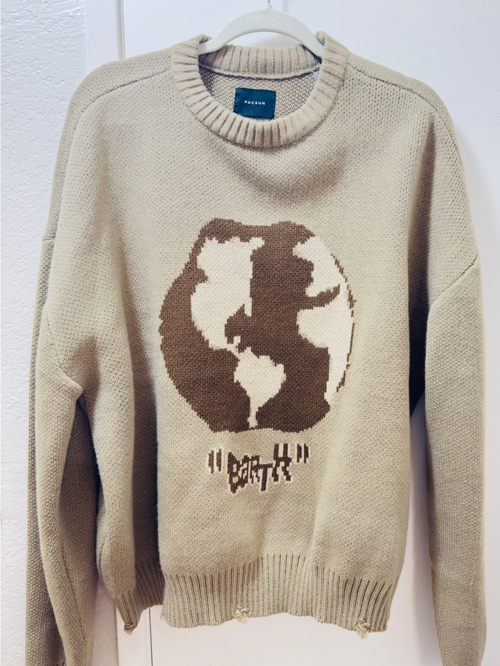 PacSun Neutral Beige Crewneck Sweater with Brown Globe Graphic